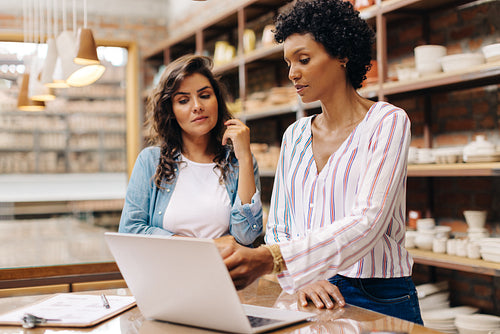 Creative businesswomen using a laptop together in their ceramic store