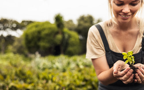 Smiling woman holding a green plant growing in soil