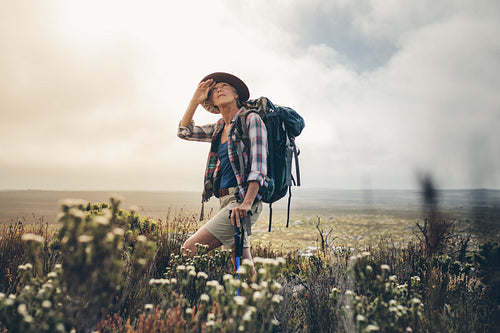 Hiker looking at the sky during her trek on a cloudy day