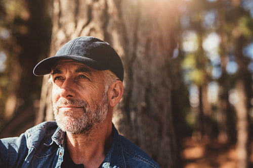 Senior man sitting in woods on a summer day