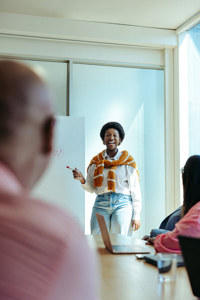 Female team leader presenting in contemporary office, engaging colleagues in a productive business meeting