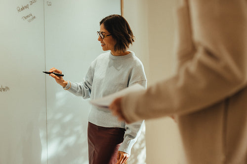 Woman writes notes on whiteboard during office brainstorming session