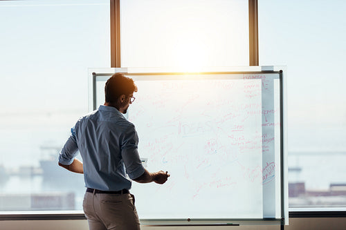 Entrepreneur putting his business ideas on whiteboard in boardroom.