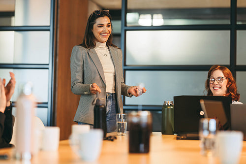 Successful business meeting: Business women brainstorming in a modern office