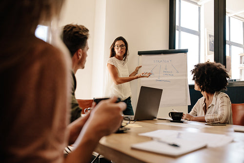 Female executive explaining new business strategy to colleagues