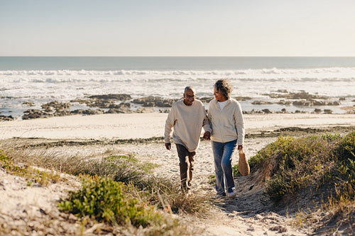 Happy senior couple leaving the beach after a picnic