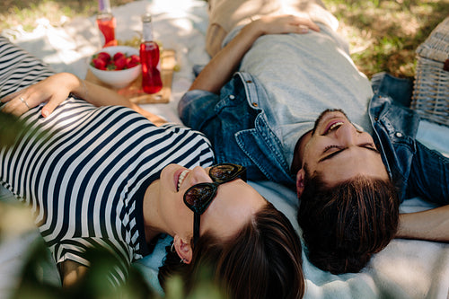 Cheerful couple on picnic at park