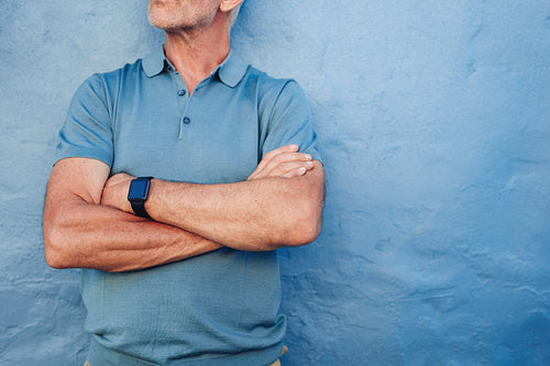 Mature man wearing smart watch