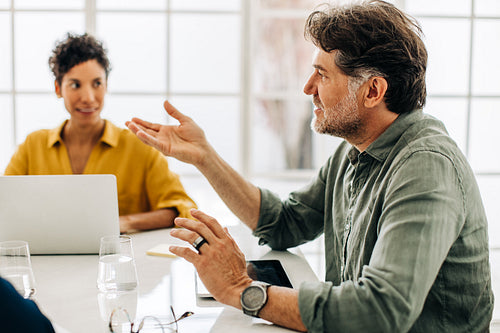 Senior business professional discussing with his team in a meeting