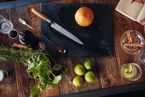 Set of bar accessories and ingredients for making a cocktail