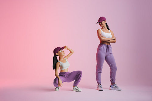 Happy young woman smiling at her metaverse avatar