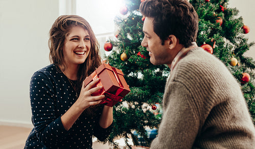Young couple celebrating Christmas at home.
