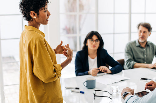 Female team leader giving a speech in a meeting