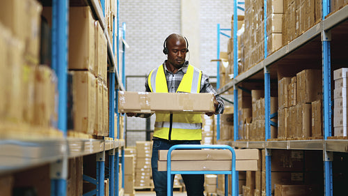 Black warehouse worker picking orders with the use of a headset and voice directed technology