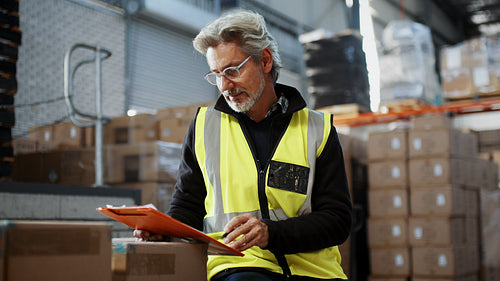 Senior warehousing professional reading a file with inventory records in a fulfilment center