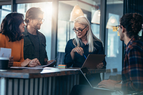 Business group discussing work in office