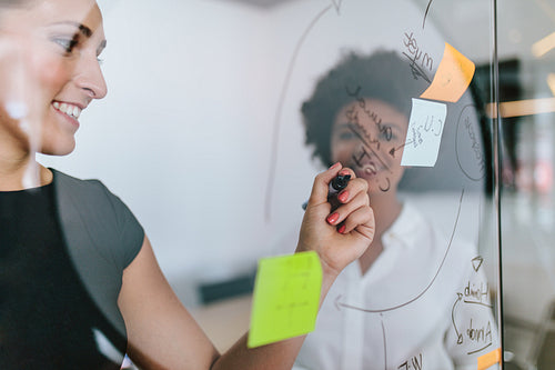 Business professionals discussing and writing over glass wall