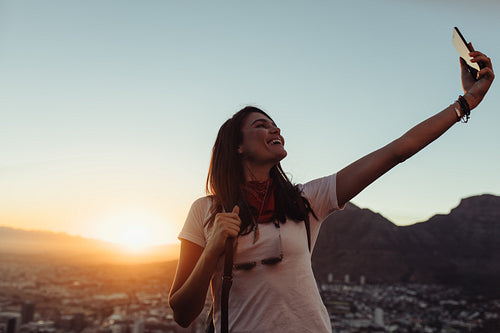 Solo traveler talking selfie outdoors