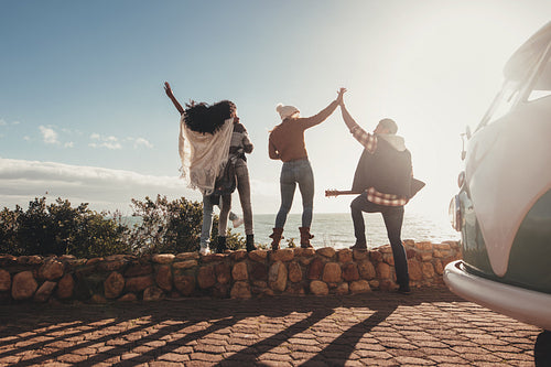 Friends on holiday having fun outdoors.