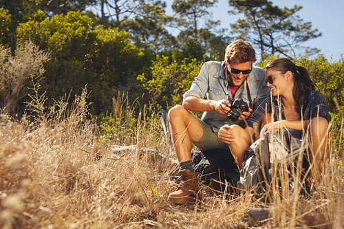 Couple hiking trip taking a break
