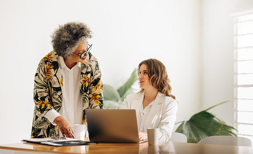 Female manager having a discussion with her colleague in an offi