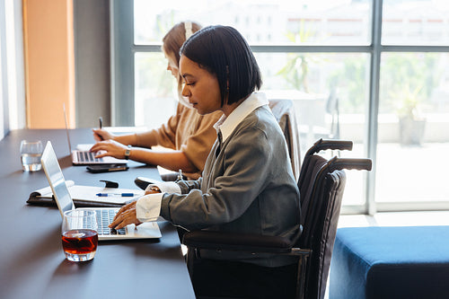 Professional women working together on laptops in a modern office setting