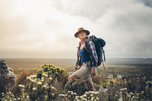 Female hiker enjoying the view standing on a hill
