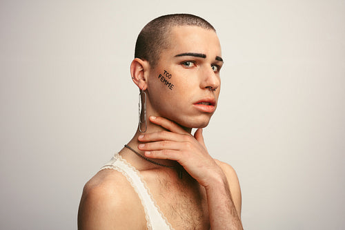 Serious looking gender fluid male