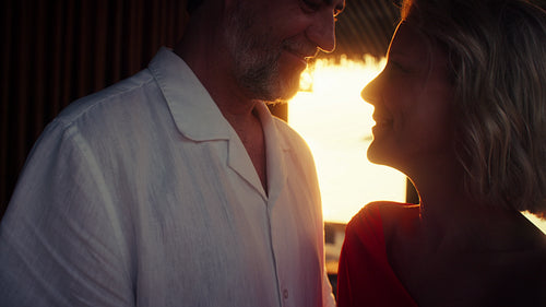 Mature couple shares a kiss and a toast with family and friends during a vacation dinner celebration