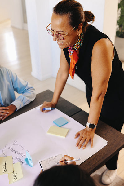 A mature woman leading a project planning meeting with team members