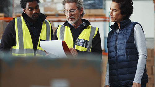 Warehouse handover: Female freight carrier collecting shipment from a distribution center