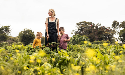 Mother standing in a vegetable garden with her children