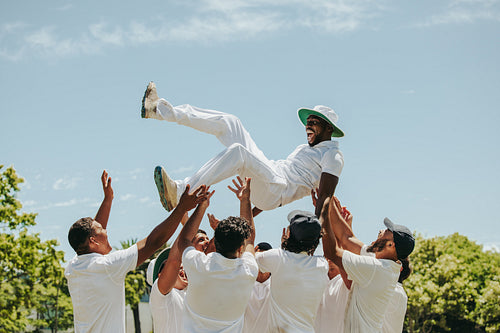 Cricket team celebrates by lifting a joyful player during a sunny match