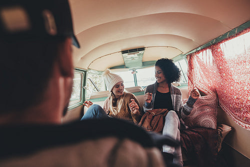 Friends having fun on road trip