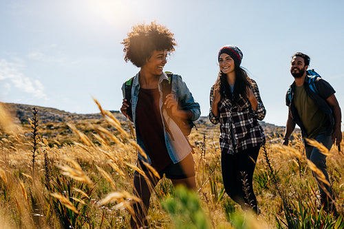 Happy group of friends hiking together