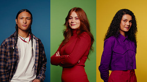 Diverse people portrait: Posing and laughing against vibrant color backgrounds