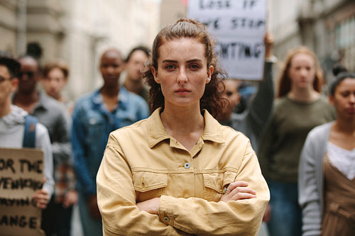 Female activist leading a protest