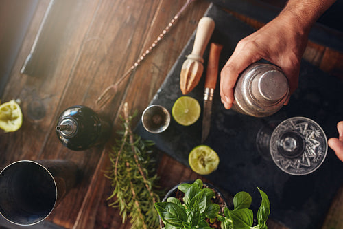 Barman preparing cocktail in shaker