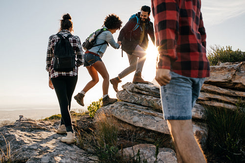 Group of hikers walking on a mountain
