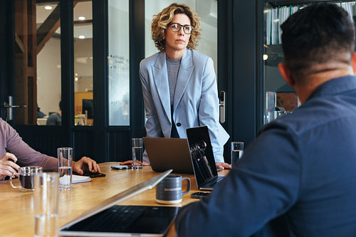 Mature business woman having a meeting with her team in an office