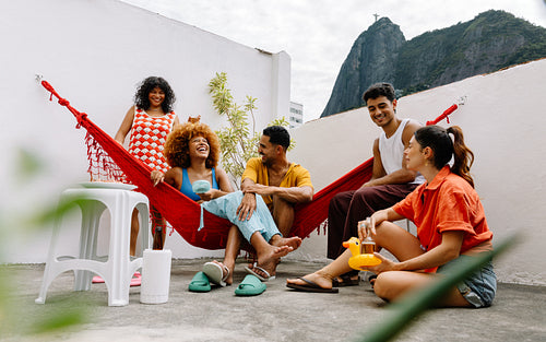 Friends hanging out near Cristo Redentor enjoying leisure time together