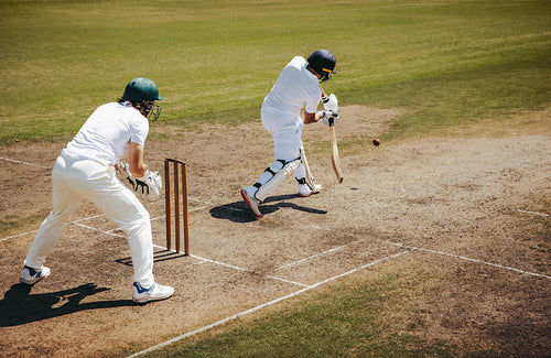 Cricket players during a professional game on a sunny field