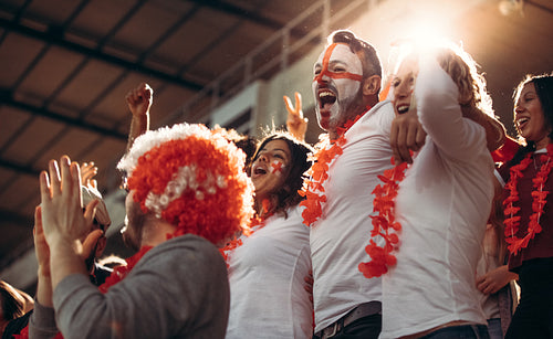 Group of England soccer fans cheering in stands