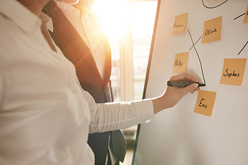 Businesspeople constructing new sales team in conference room