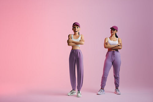 Cheerful young woman standing next to her metaverse avatar