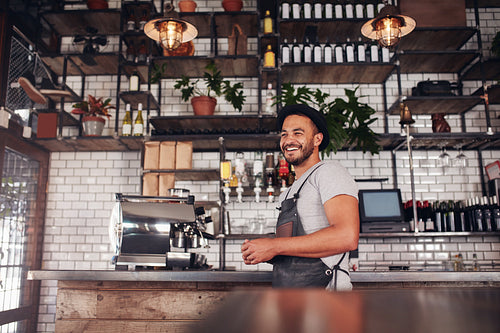 Happy young bar owner standing at the counter 