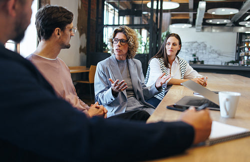 Business professionals talking about a project in a meeting