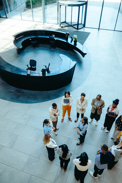 High angle view of orientation in office lobby