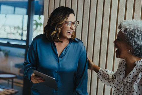Happy conversation between two mature business women in the office