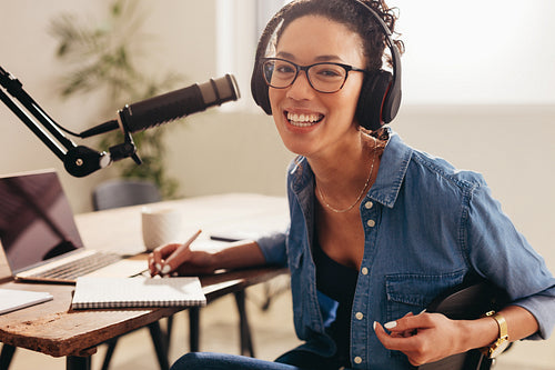 Podcast host working from home